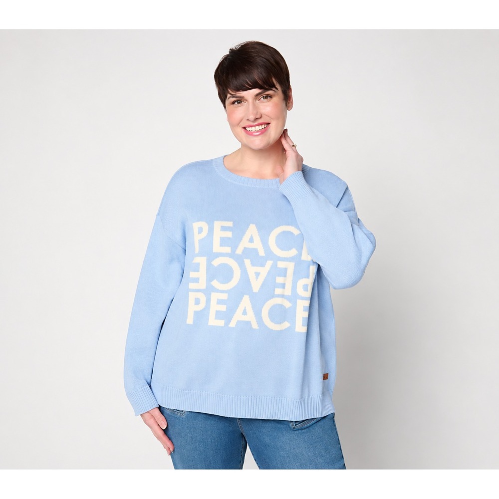 Peace Love World 100% Cotton Motif Crew Neck Sweater Blue Horizon, Large